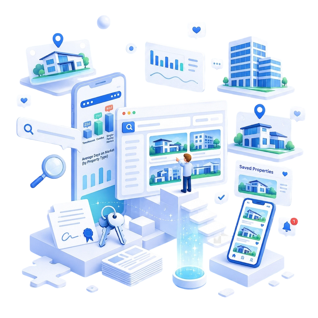 Real estate mobile app with property listings, search, and market trends